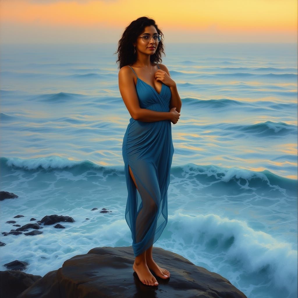 Indian Woman on Rocky Cliff at Dusk, Oil Painting