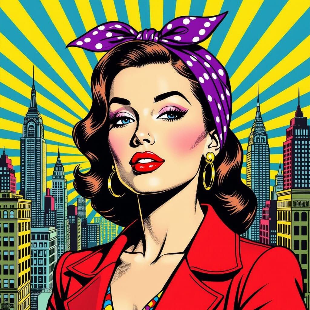 Pop Art Woman in Vintage Cityscape