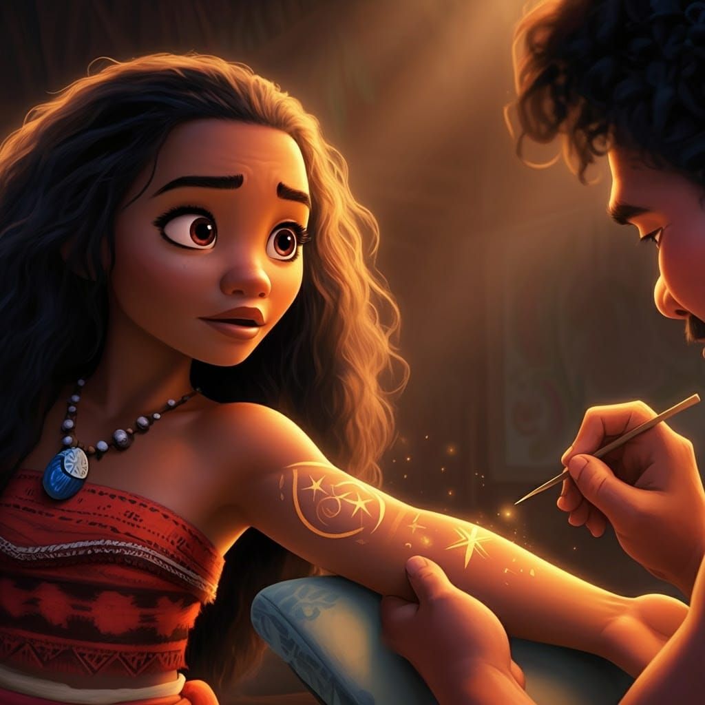Demi-Goddess Tattoo of Moana in Shining Gold, Disney Artstyl...