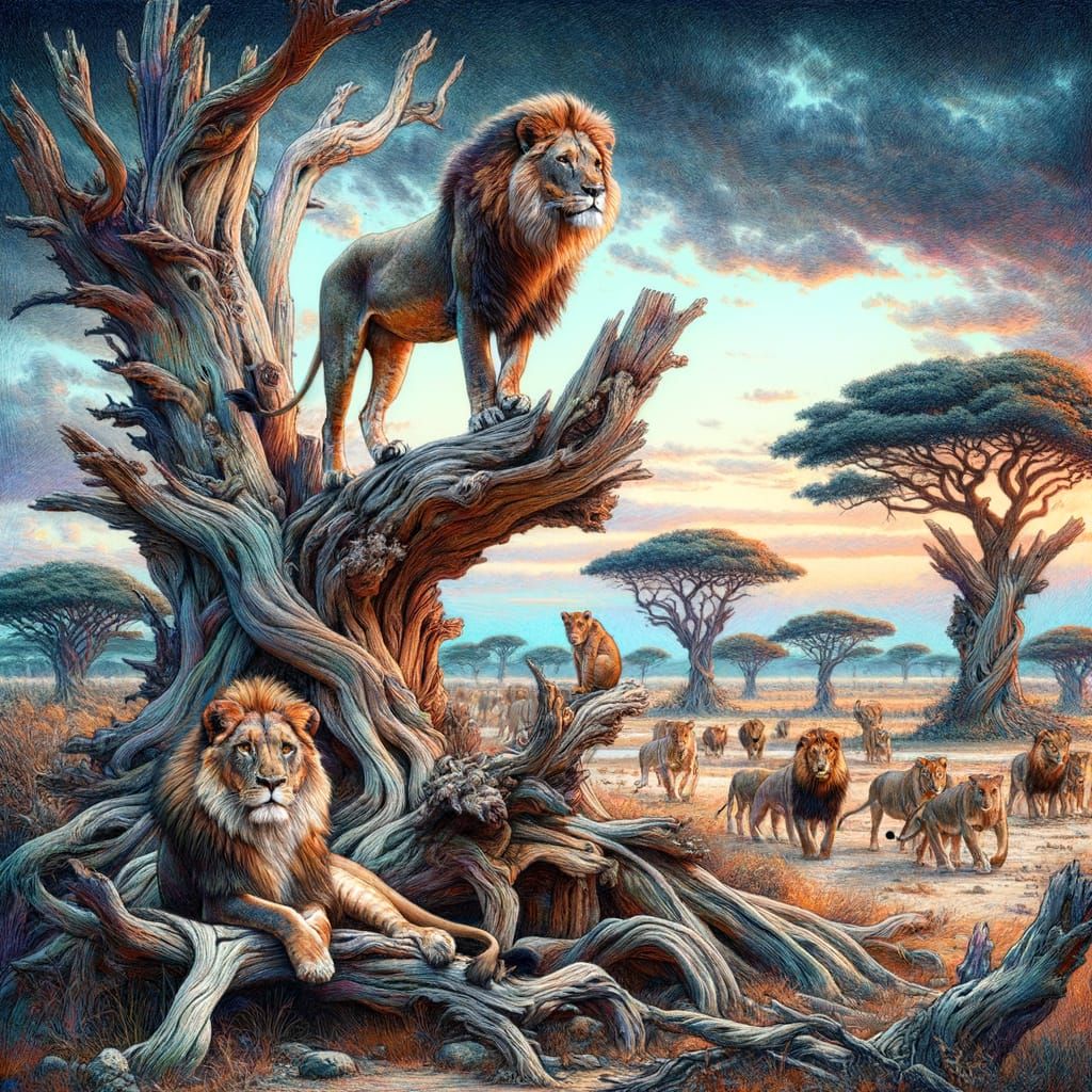Lions on Savannah Tree in Victorian Style