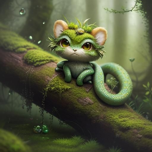 Adorable Moss Snake in Lush Forest: Digital Art