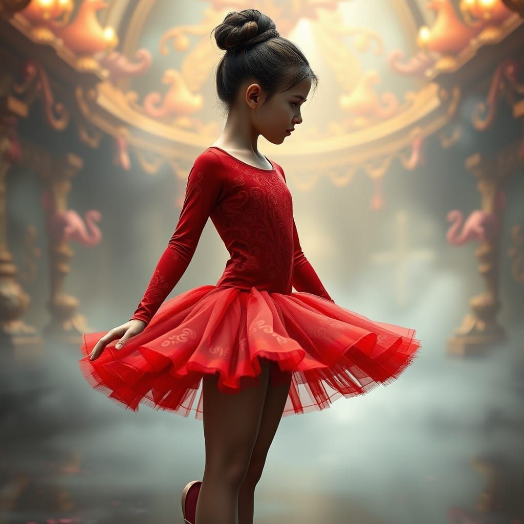 Majestic Ballerina in Vibrant Red Attire, Enchanted Dreamlik...