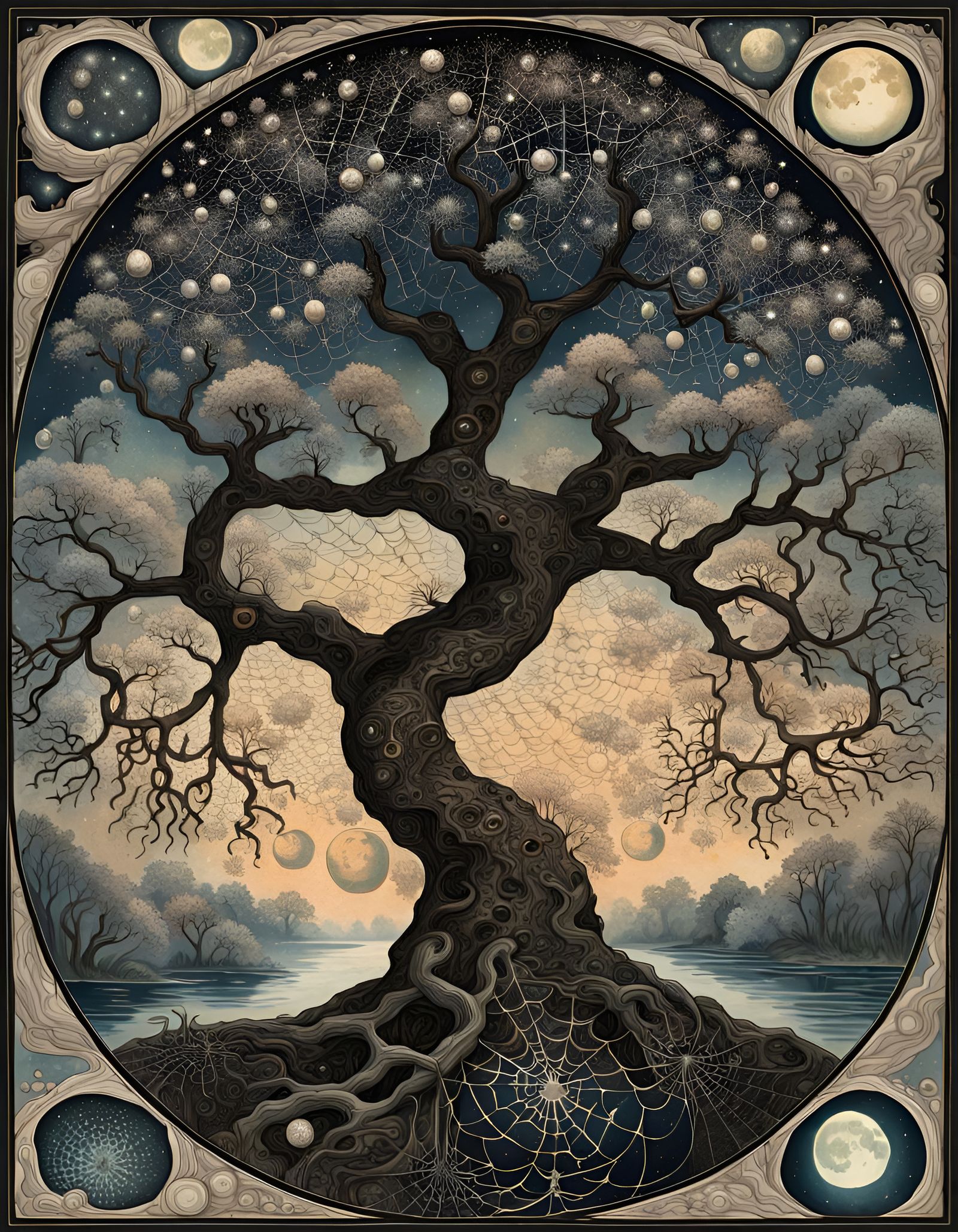 Cherry Tree of Life with Spiderwebs in Watercolor