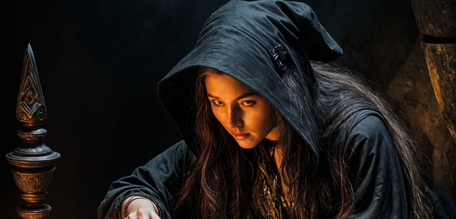 Young Witch with Athame Before Stone Bowl