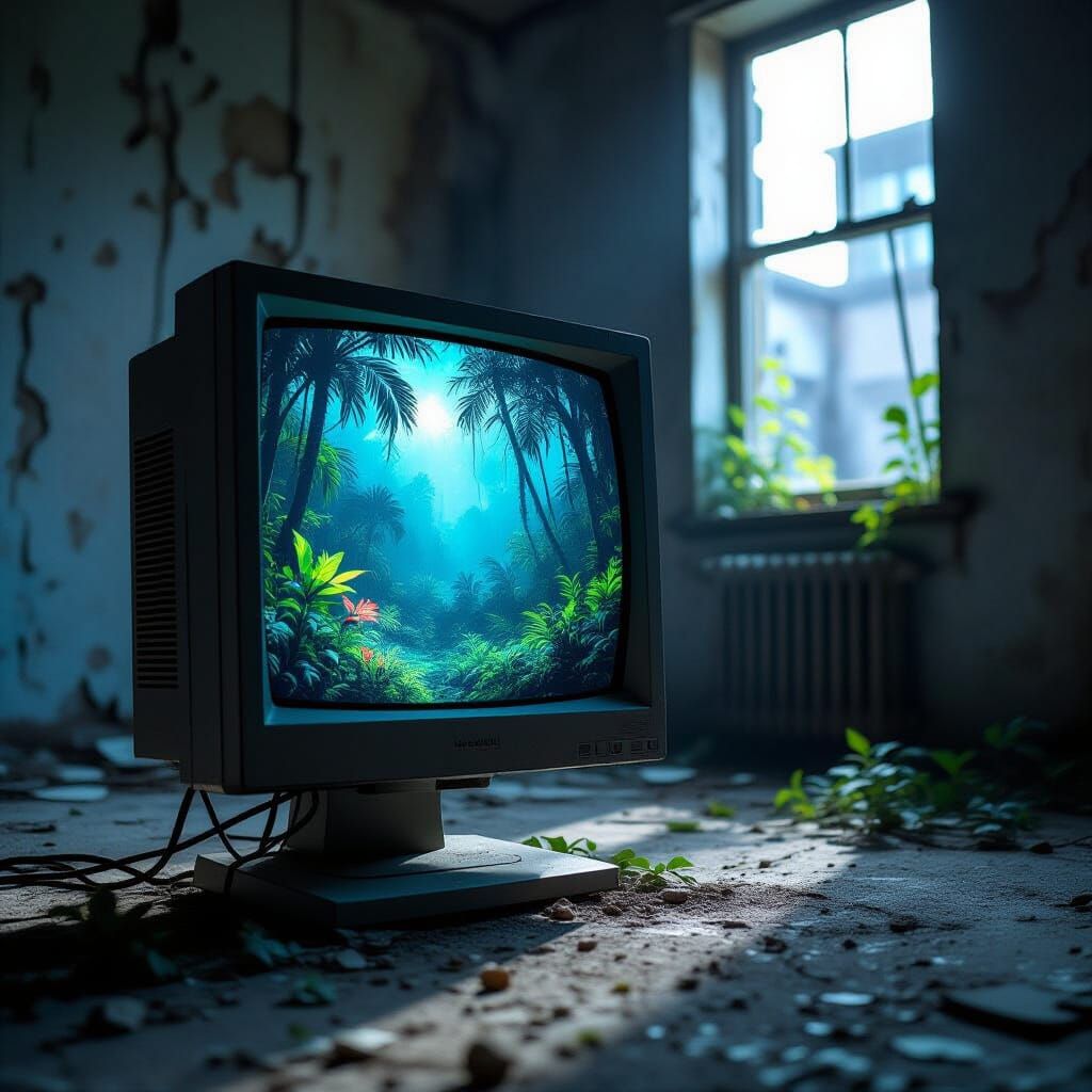 Abandoned Monitor Displays Alien Jungle in Decaying Apartmen...