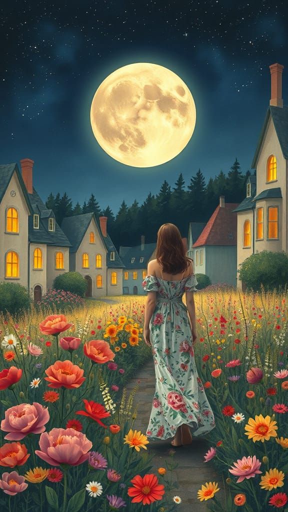 Romantic Fairytale Village Under Full Moonlight