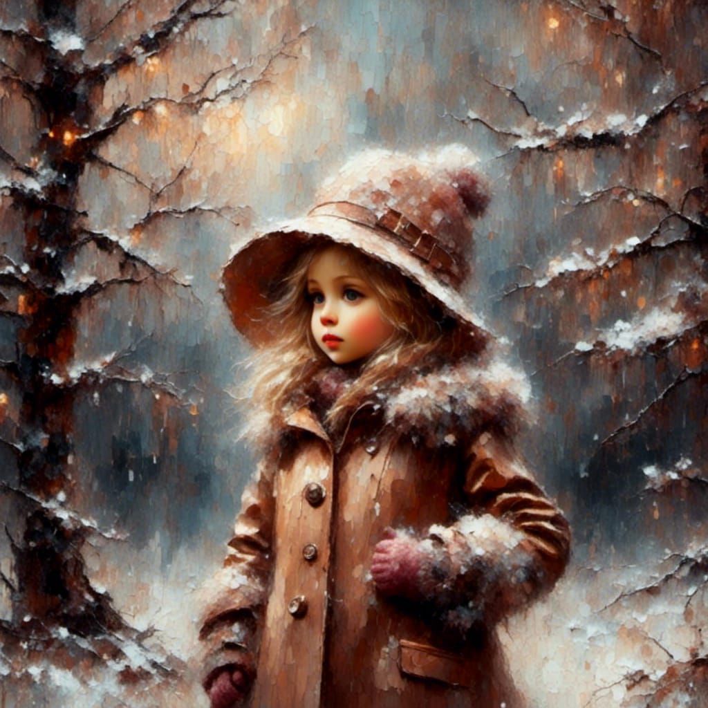 Little Girl in Snowy Scene as Impressionist Oil Painting