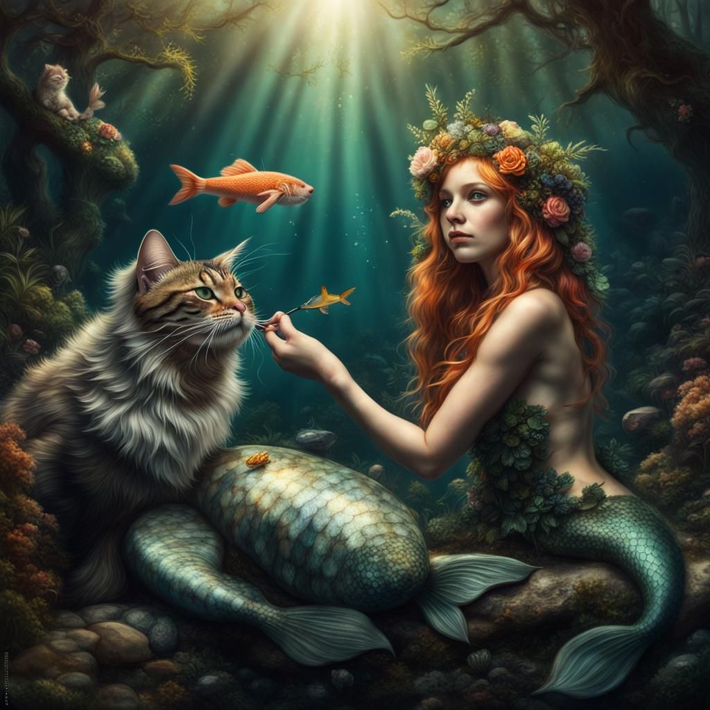 Nymph Mermaid and Forest Cat Feast