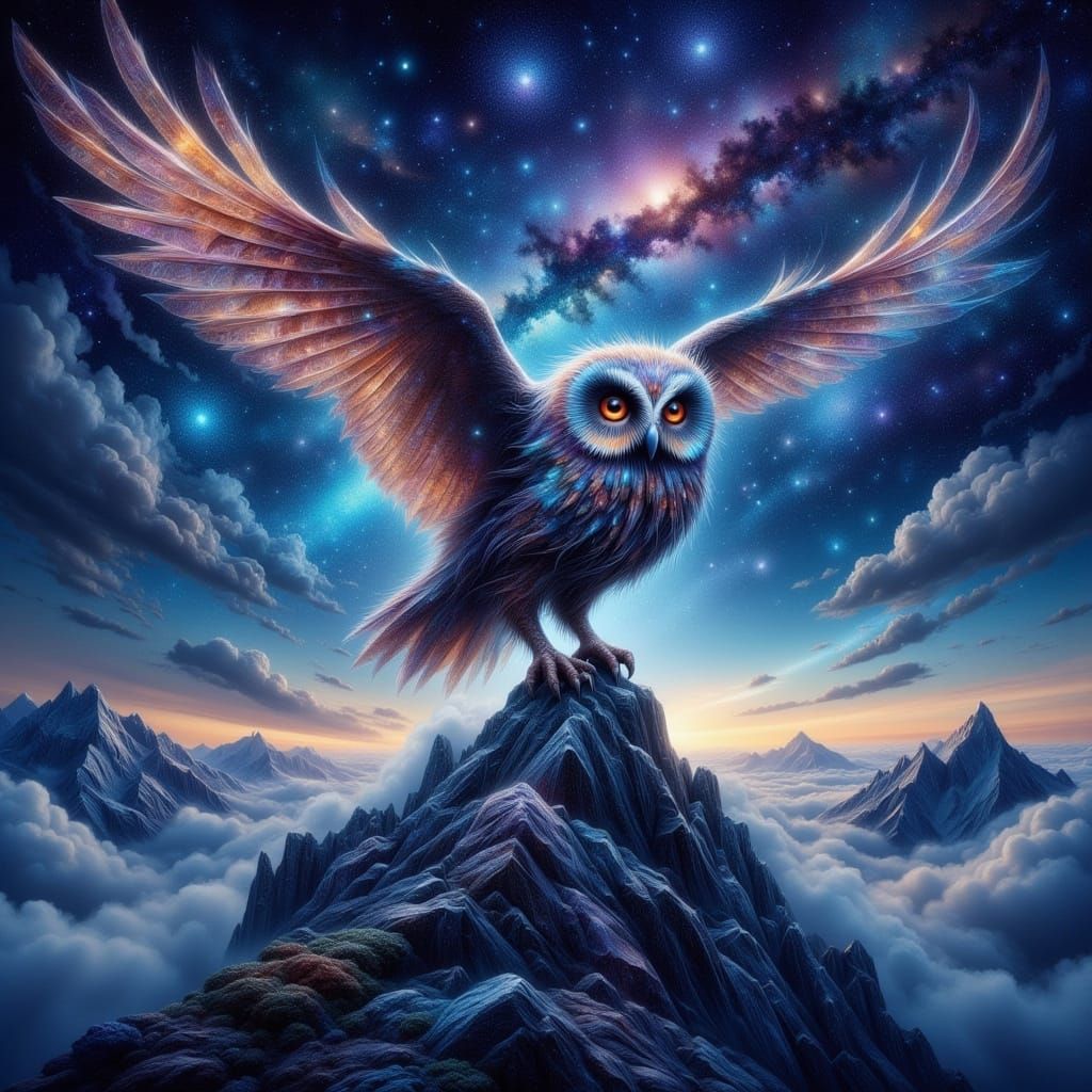 Bioluminescent Owl Perched on Crystal Mountain