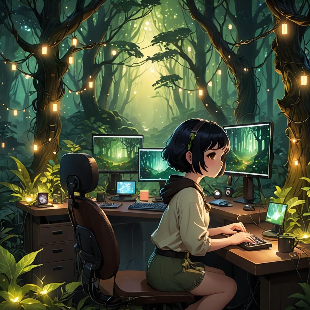 Anime Chibi Woman in Misty Forest, Digital Art