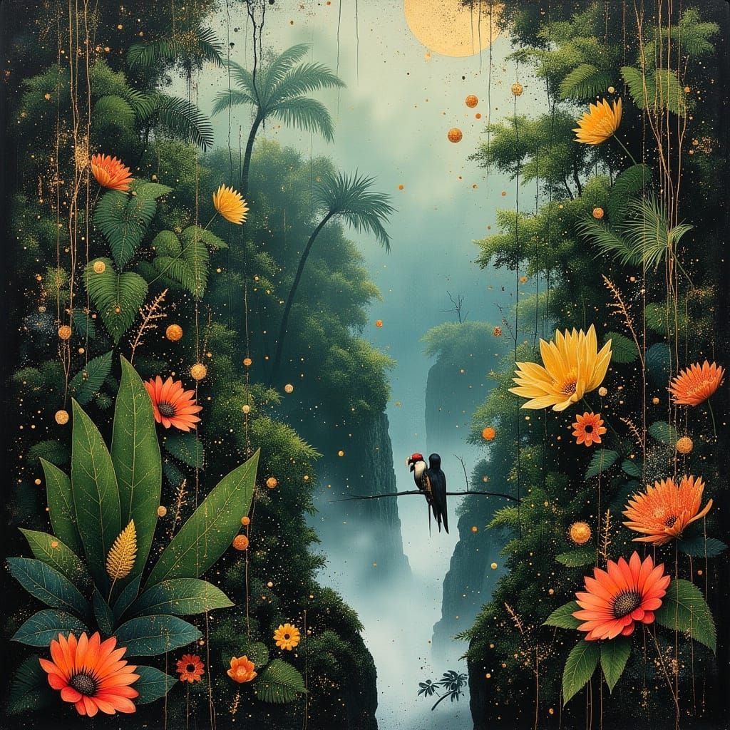 <lora:divineOil:1.0> Rainforest with tropical plants and bir...
