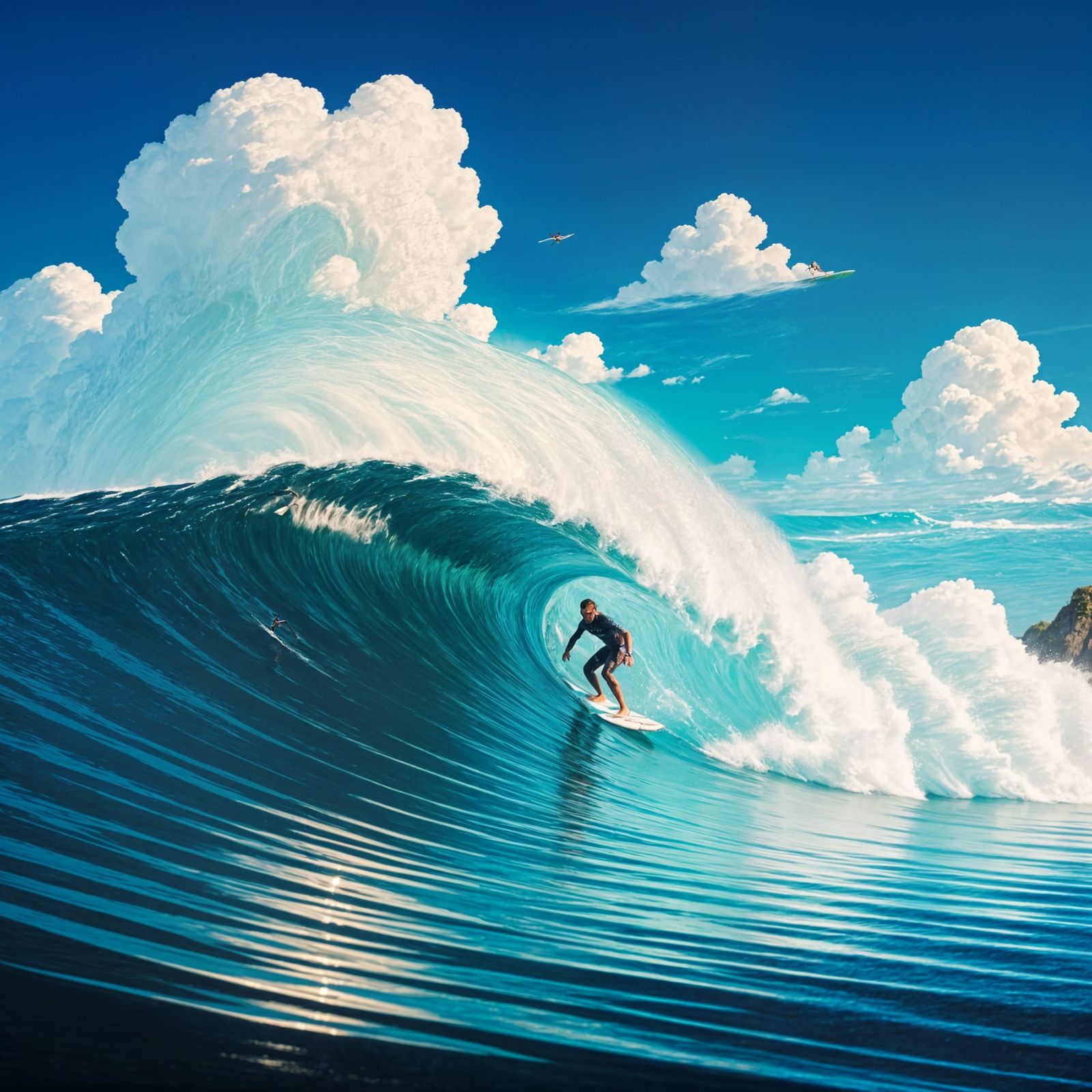 Surfer Rides a Blue Wave