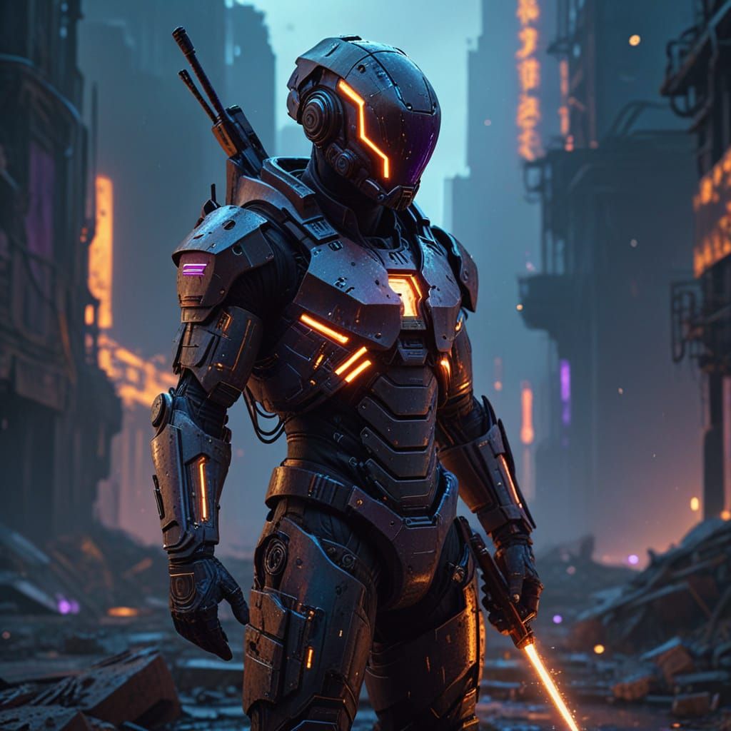 Cyberpunk Soldier Stands in Post-Apocalyptic Wasteland