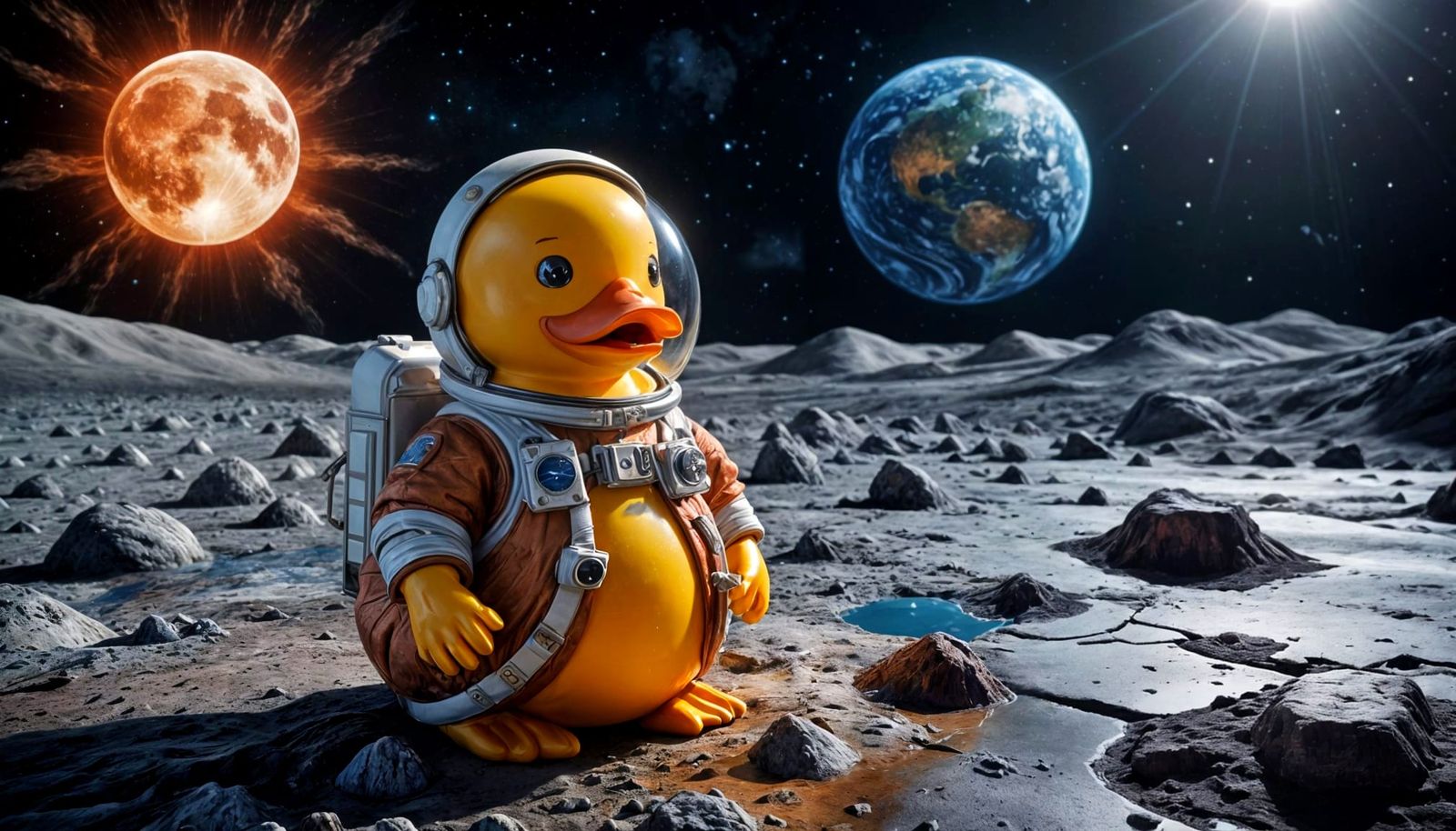 Vibrant Fine-Art Painting of Rubber Duck Astronaut on the Mo...