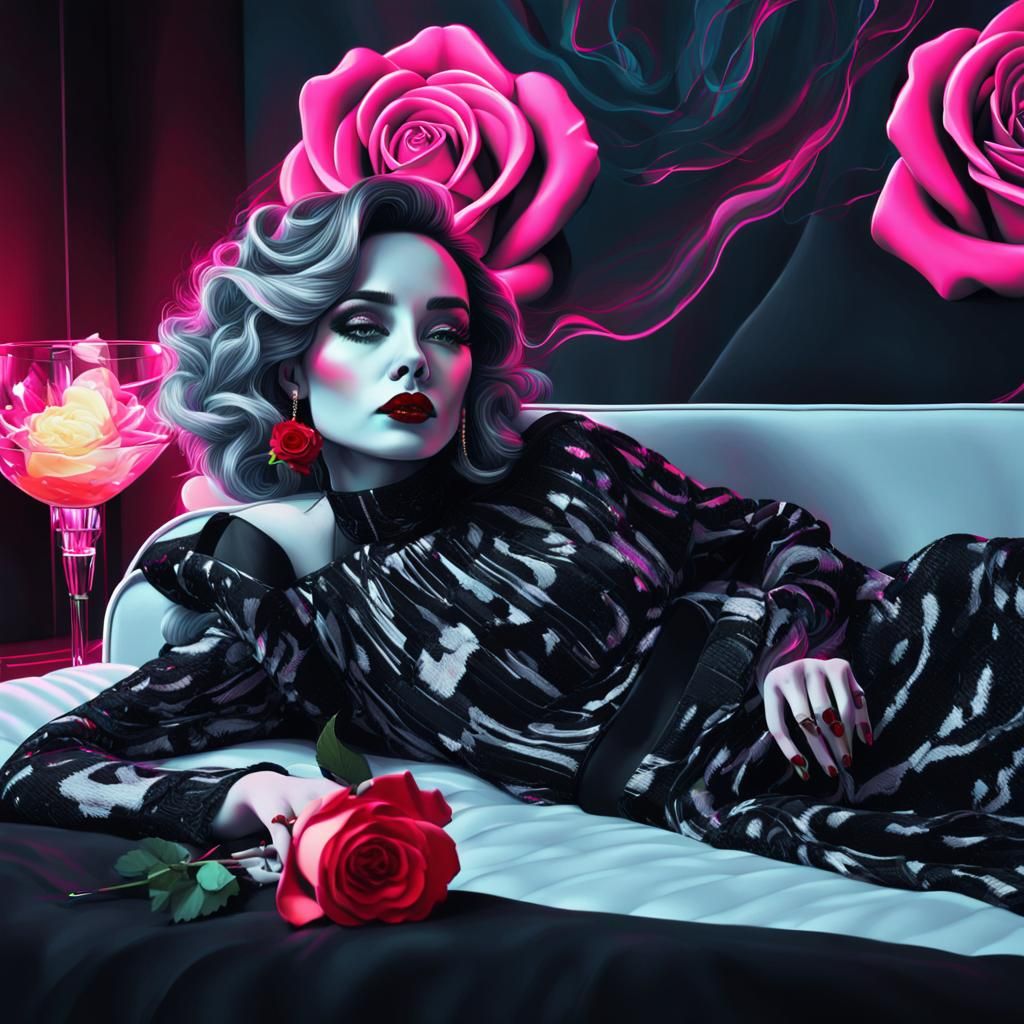 Mysterious Woman Reclining with Rose in Dark Fantasy Style