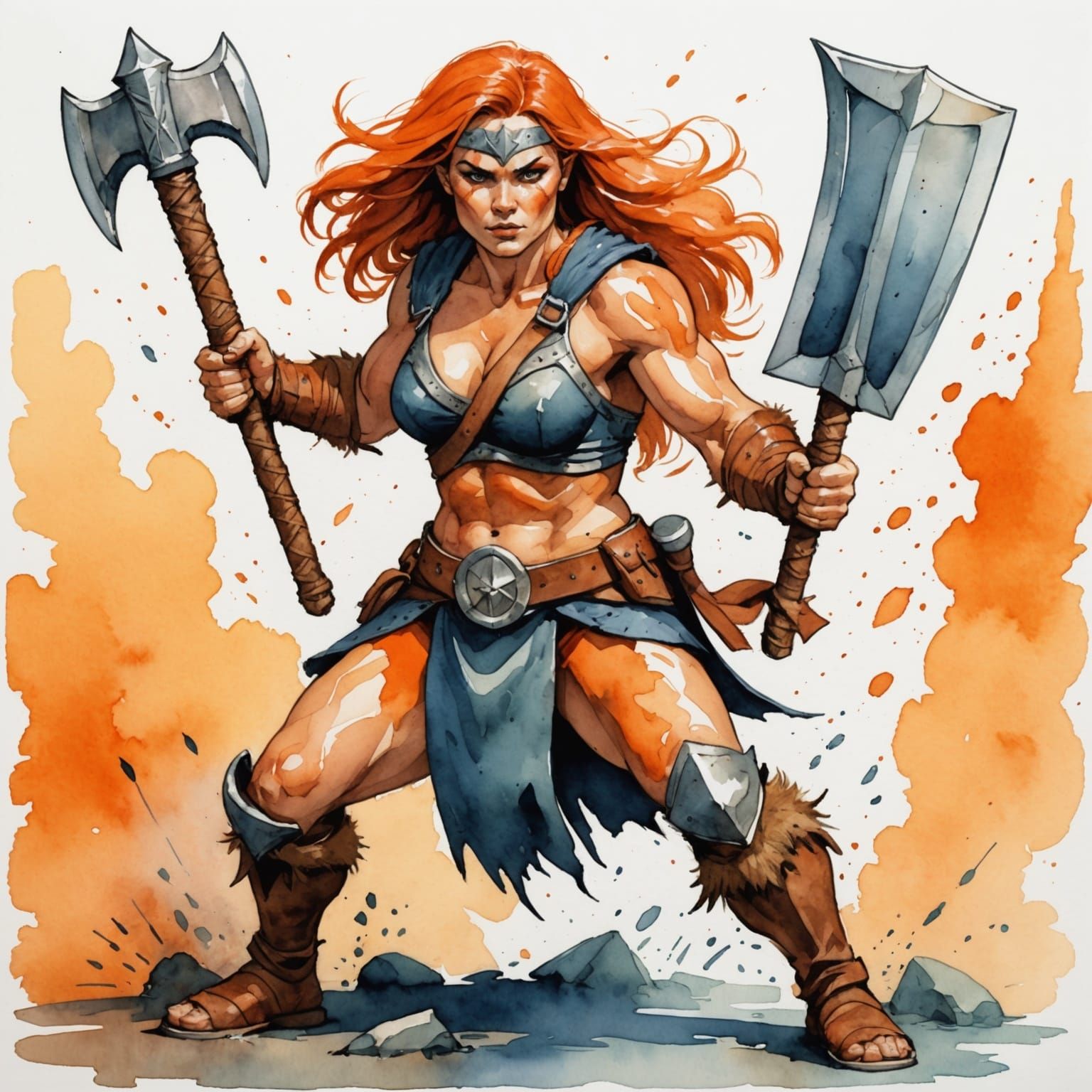 Exquisite Watercolour Comic Female Dwarf Warrior in Battle