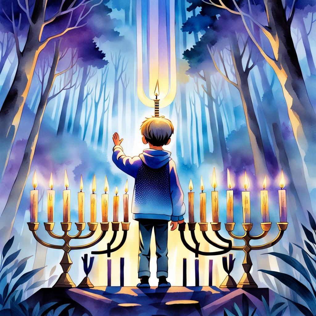 Manga-Style Boy Lights Menorah in a Mysterious Forest