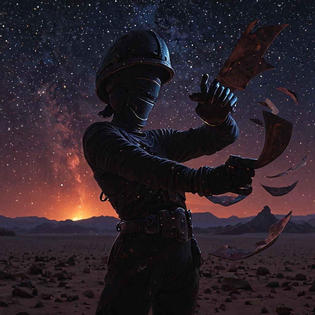 Starlit Desert Wanderer Amidst Ancient Ruins and Cosmic Sky
