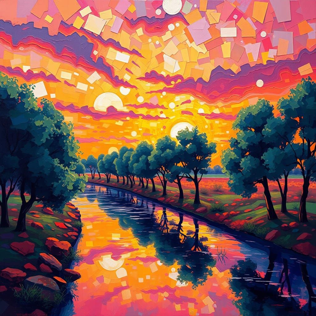 Semi-Abstract Oil Painting of a Vibrant Alien Landscape in G...