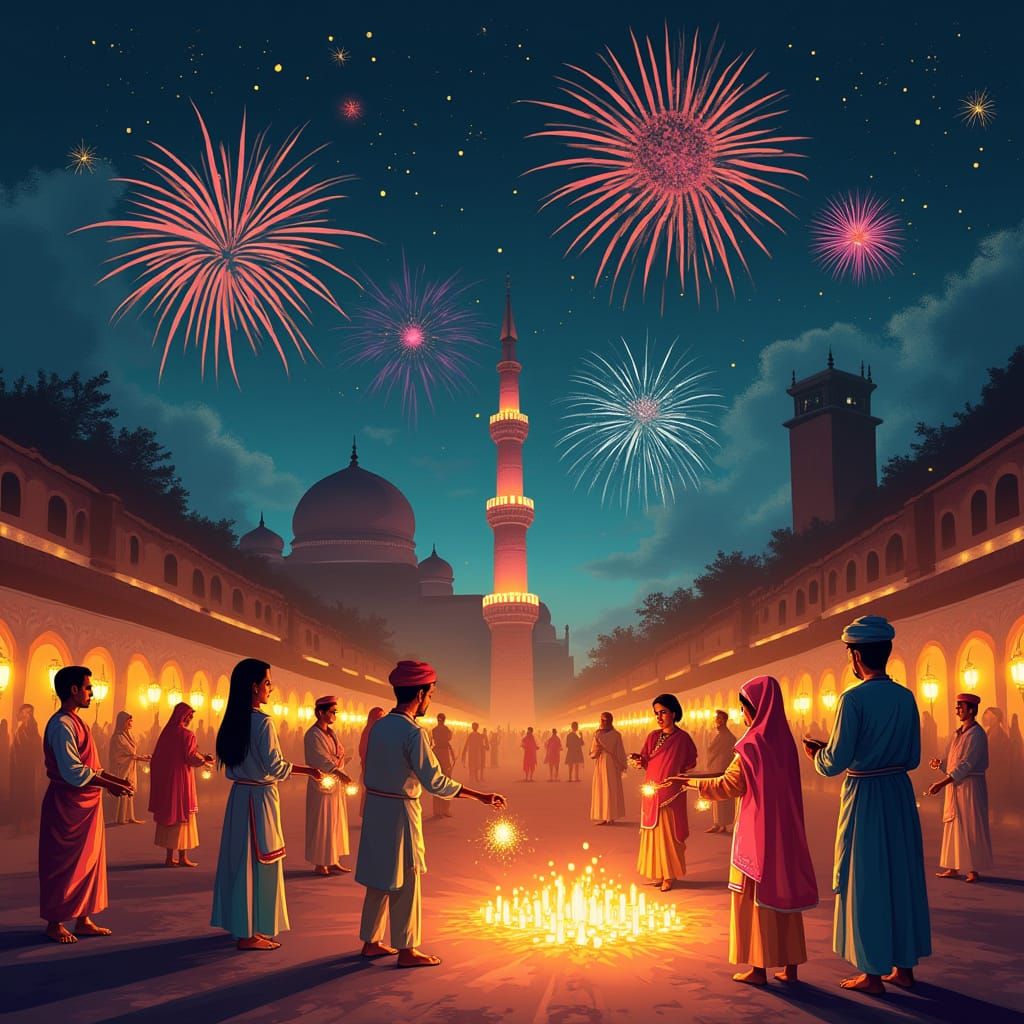 Vibrant Eid Festival: Lanterns and Fireworks at Night