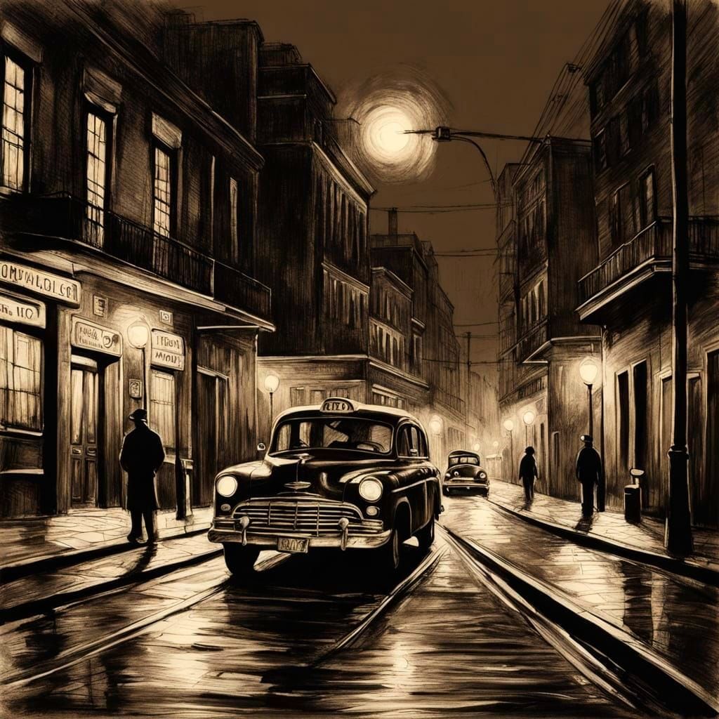 Taxi in Sepia Tone, Charcoal Drawing of Bourbon Street Corne...