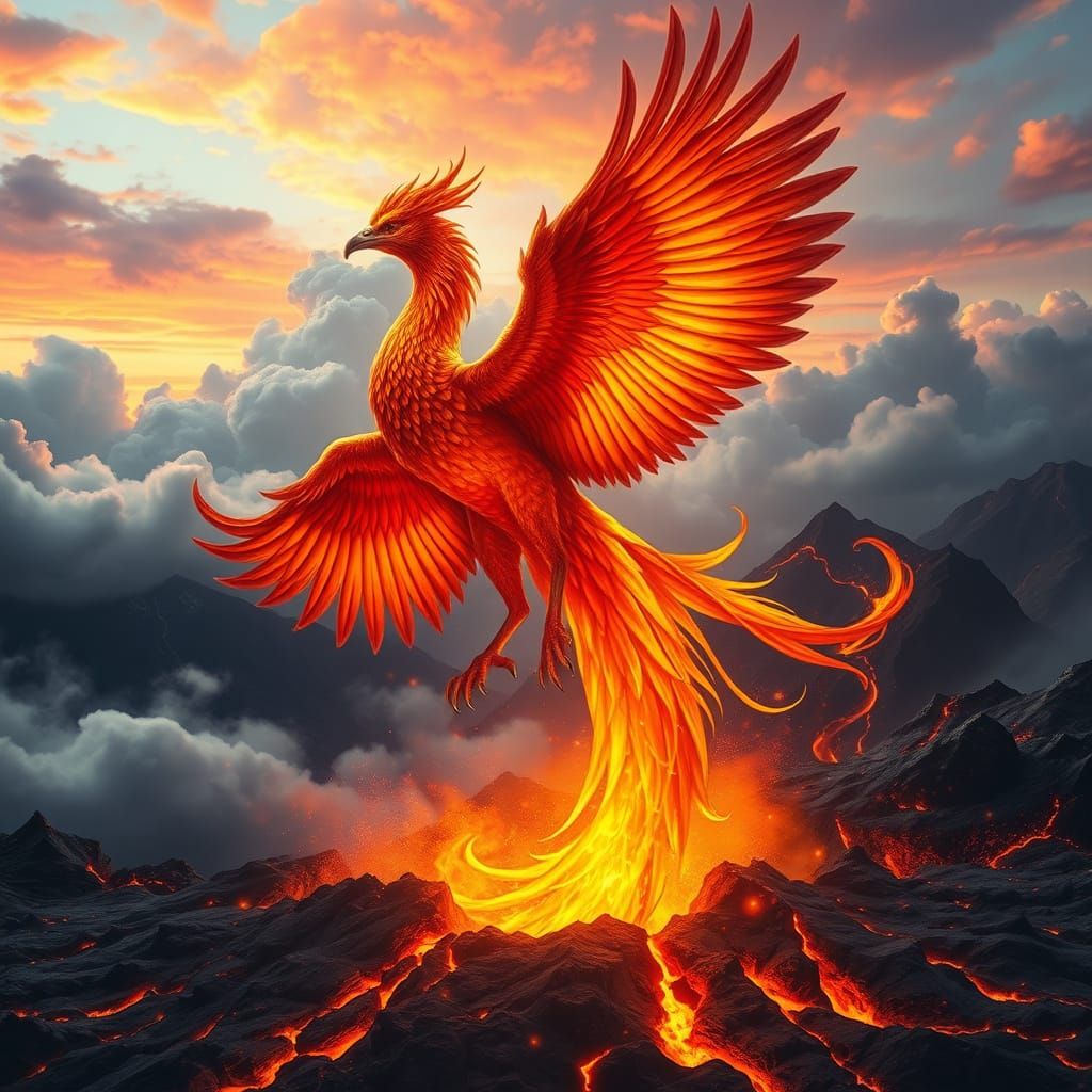 Majestic Phoenix Rises from a Fiery Volcano in Hyperrealisti...