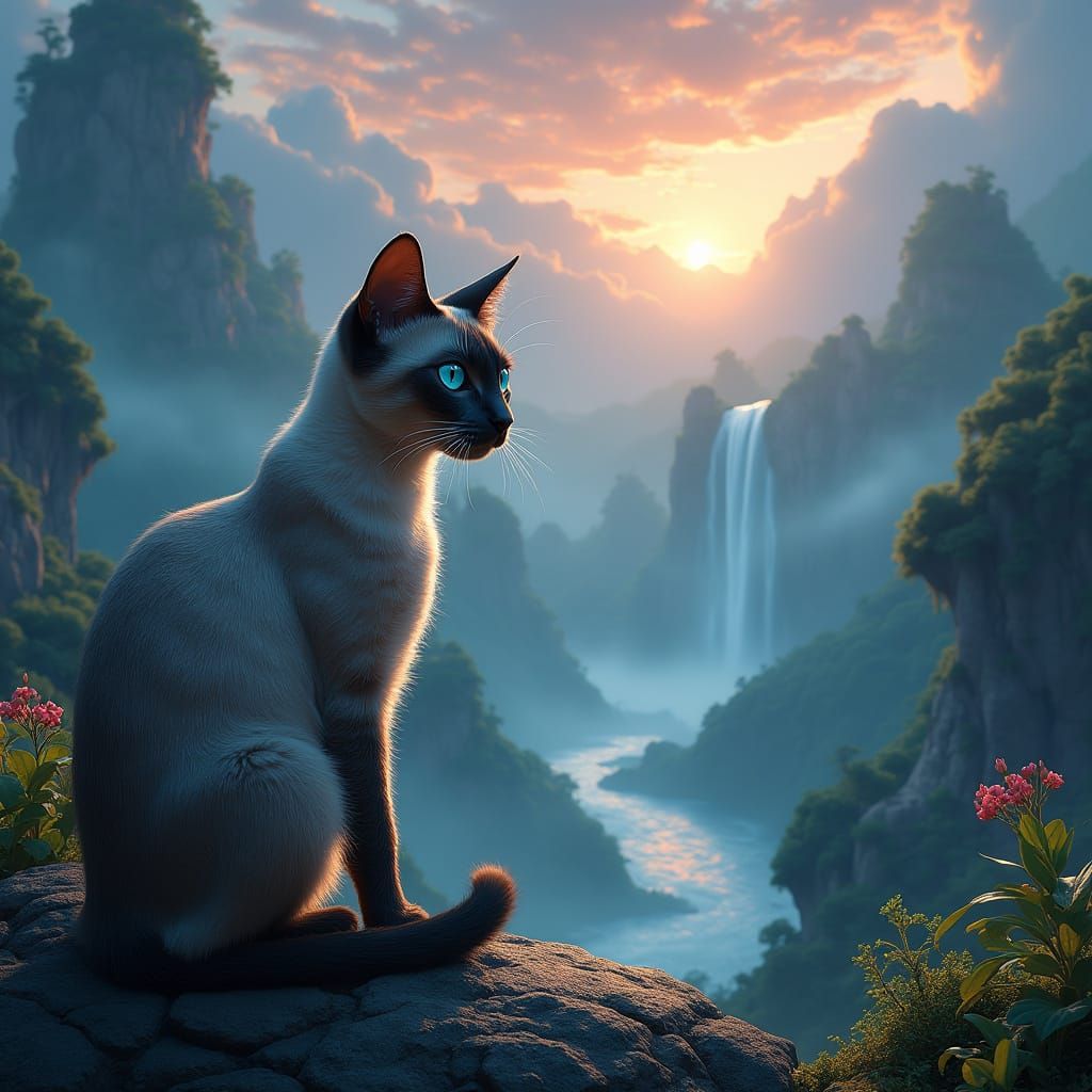 Sleek Gray Siamese Cat in Surreal Landscape