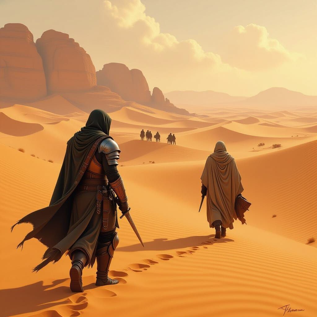 Desert Caravan Guard and Scholar in Sandy Landscape