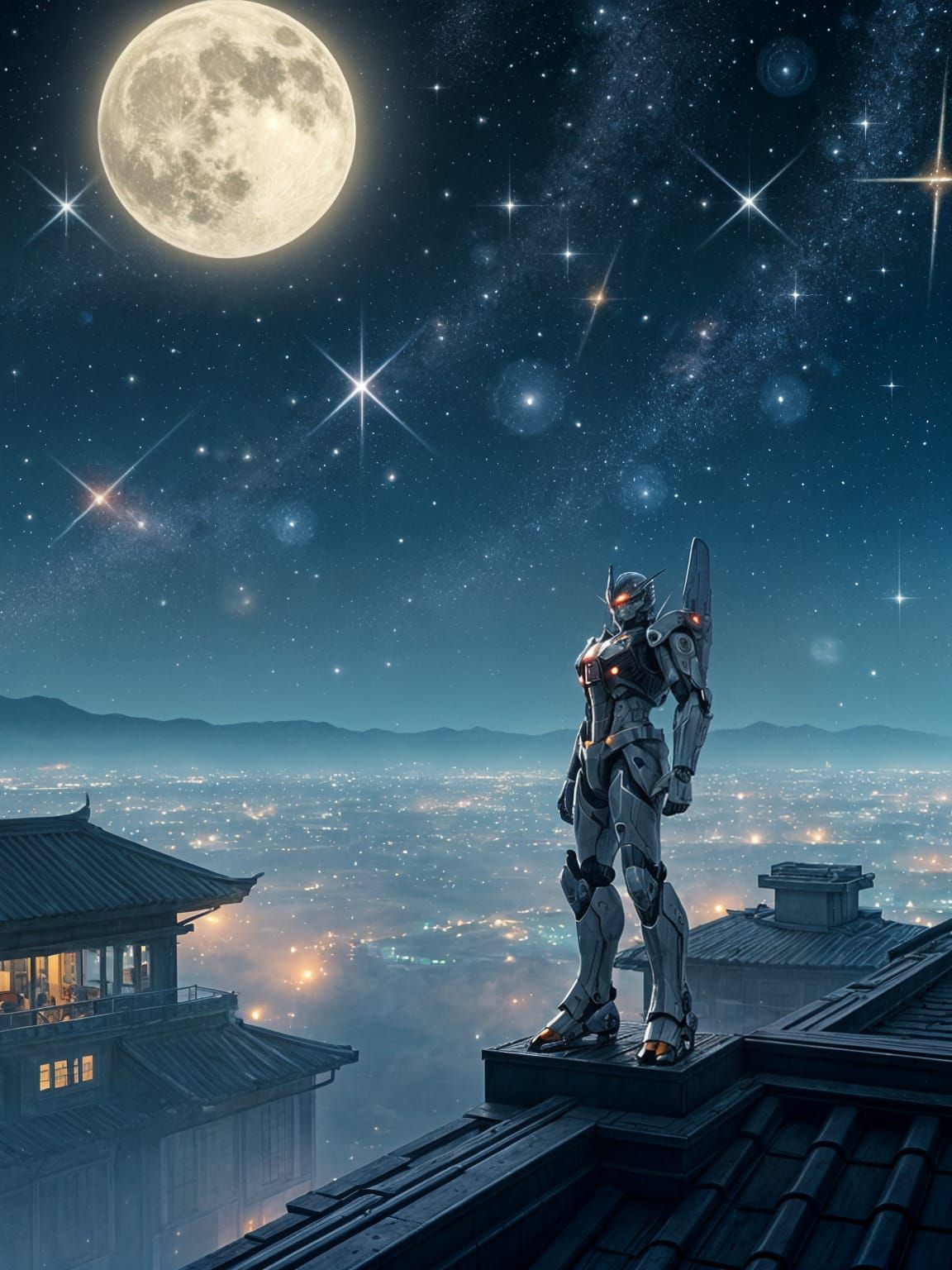 A contemplative anime-style mecha