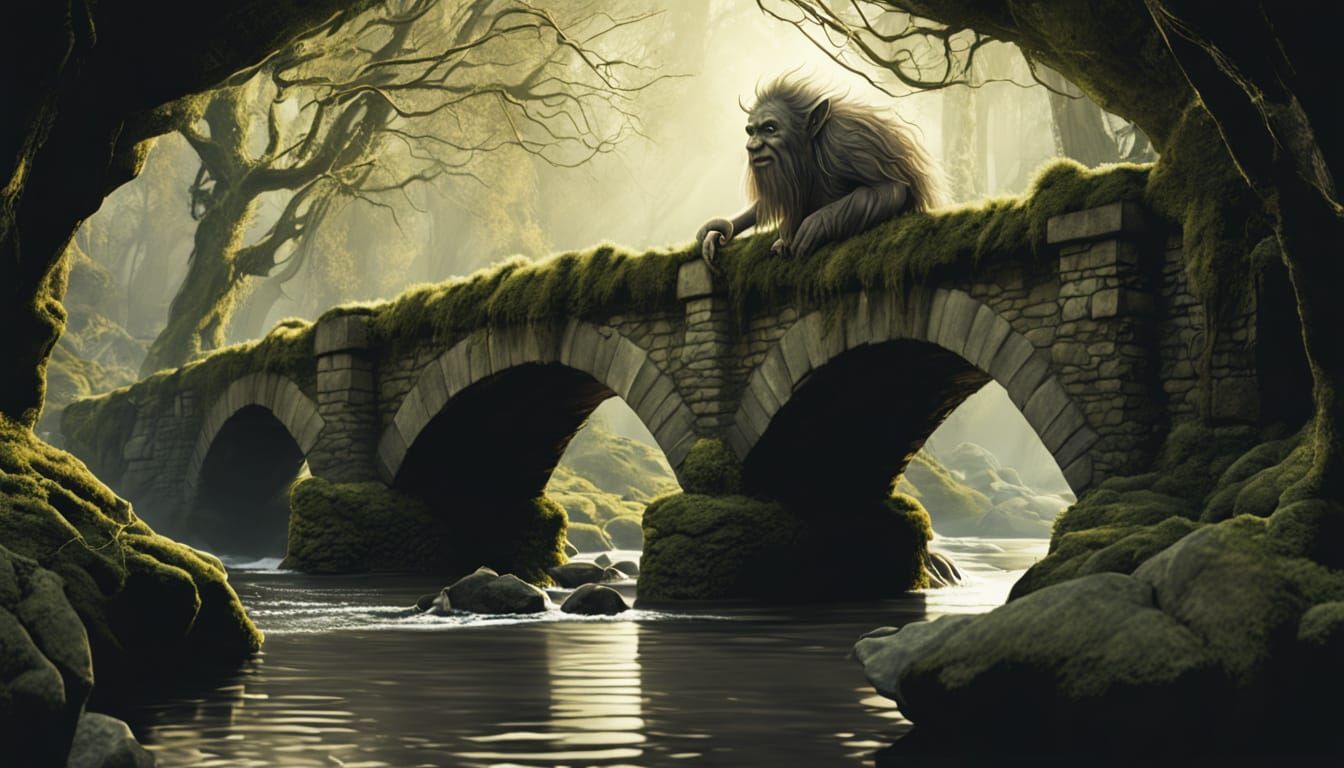 Moss Troll Fishing Under Stone Bridge in Dark Forest