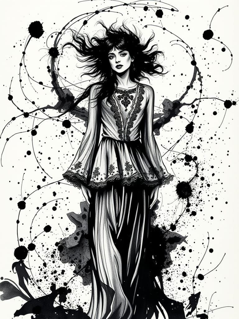 Black and white ink splatter drawing of Kate Bush