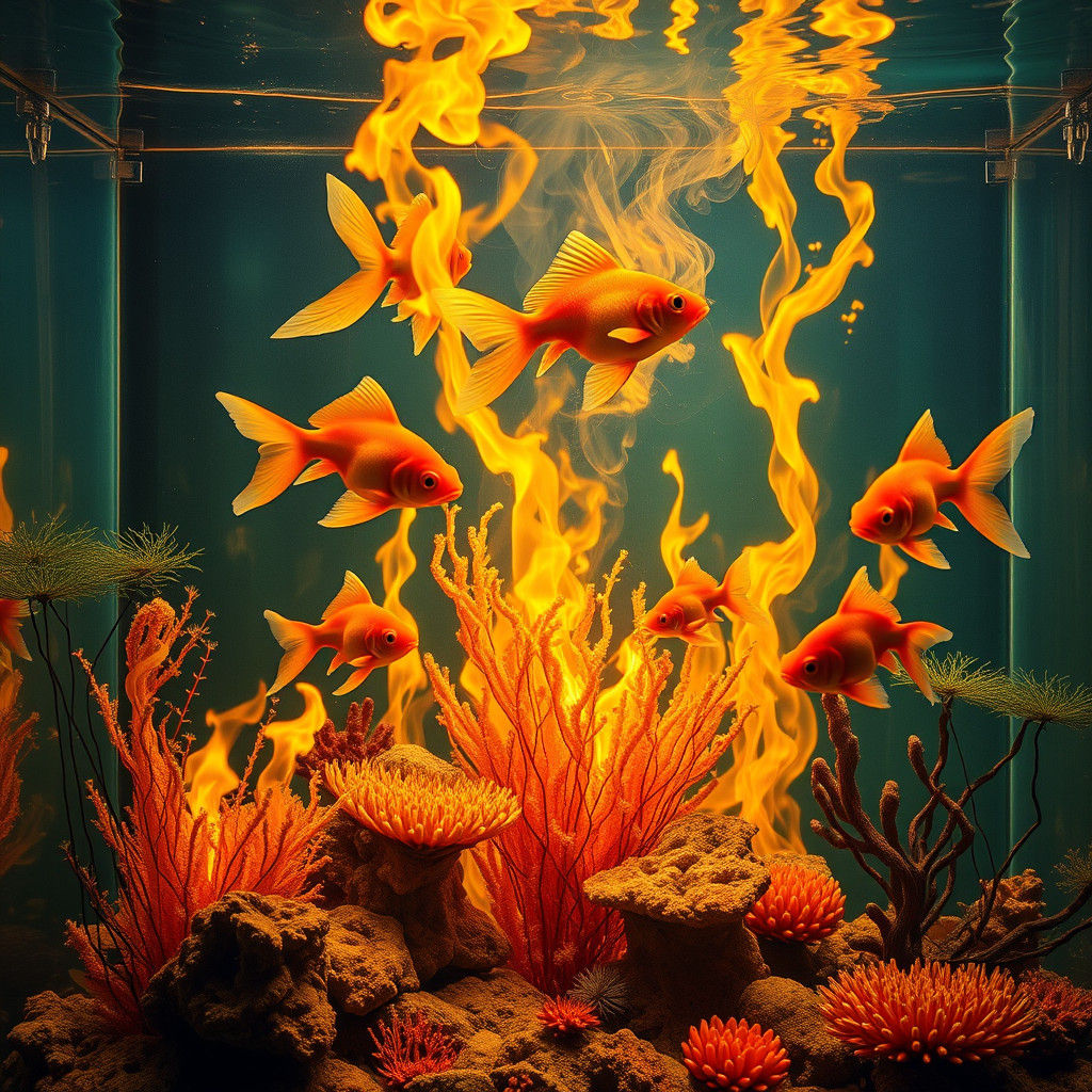 Goldfish in Burning Aquarium: A Surreal Illustration
