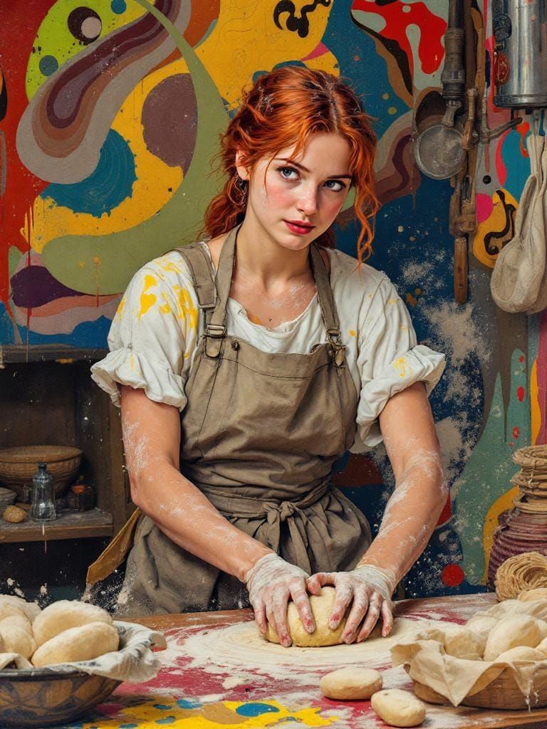 Redhead Baker in Bustling Kitchen, Lenticular Art Style