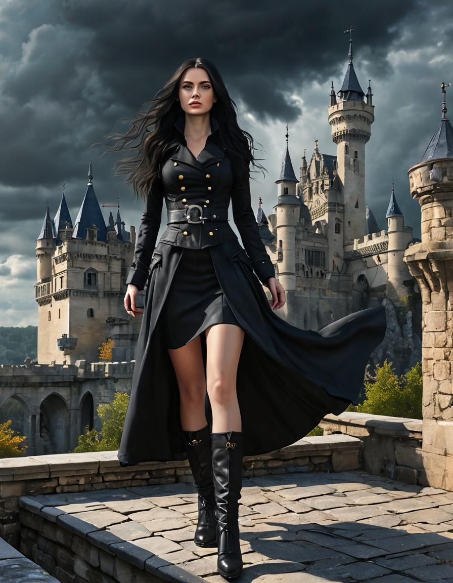 Gothic Woman Conjuring Magic on Castle Roof