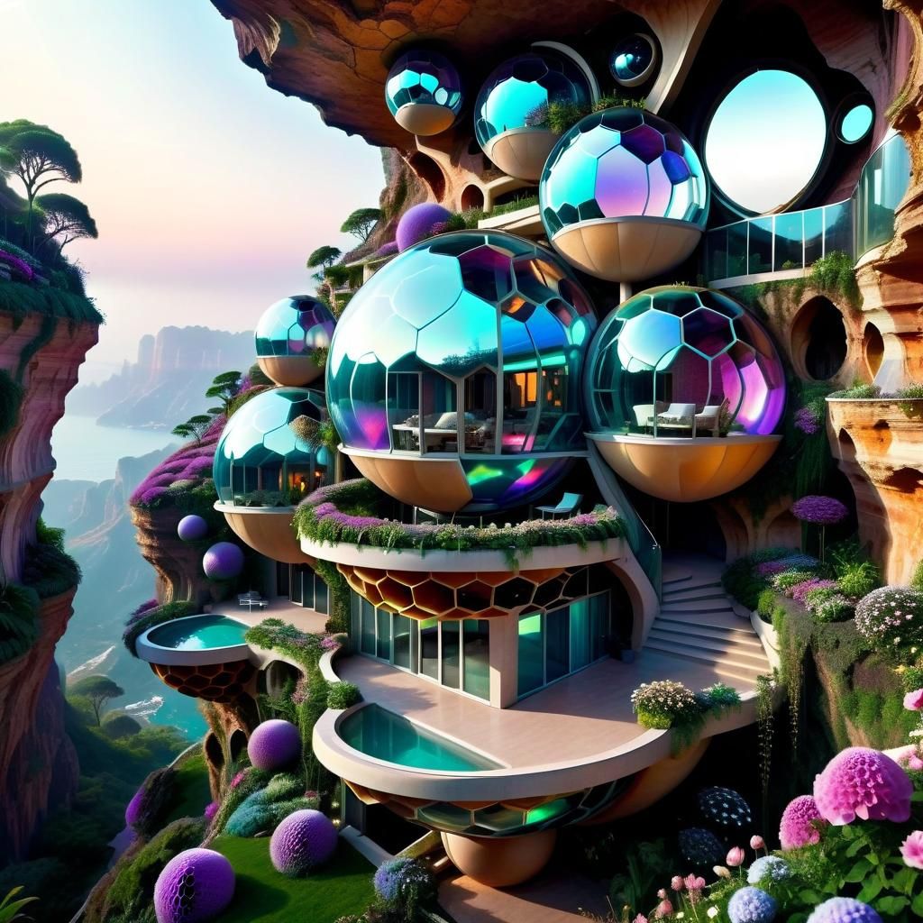 Futuristic Opalescent Cliffside Home with Hanging Gardens