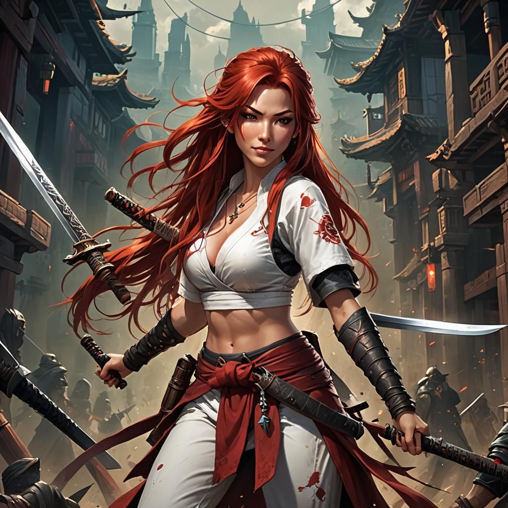 Red-Haired RPG Warrior with Katanas