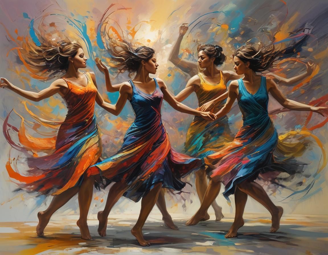 Vibrant Expressionist Dance Scene in Swirling Colors and Mot...