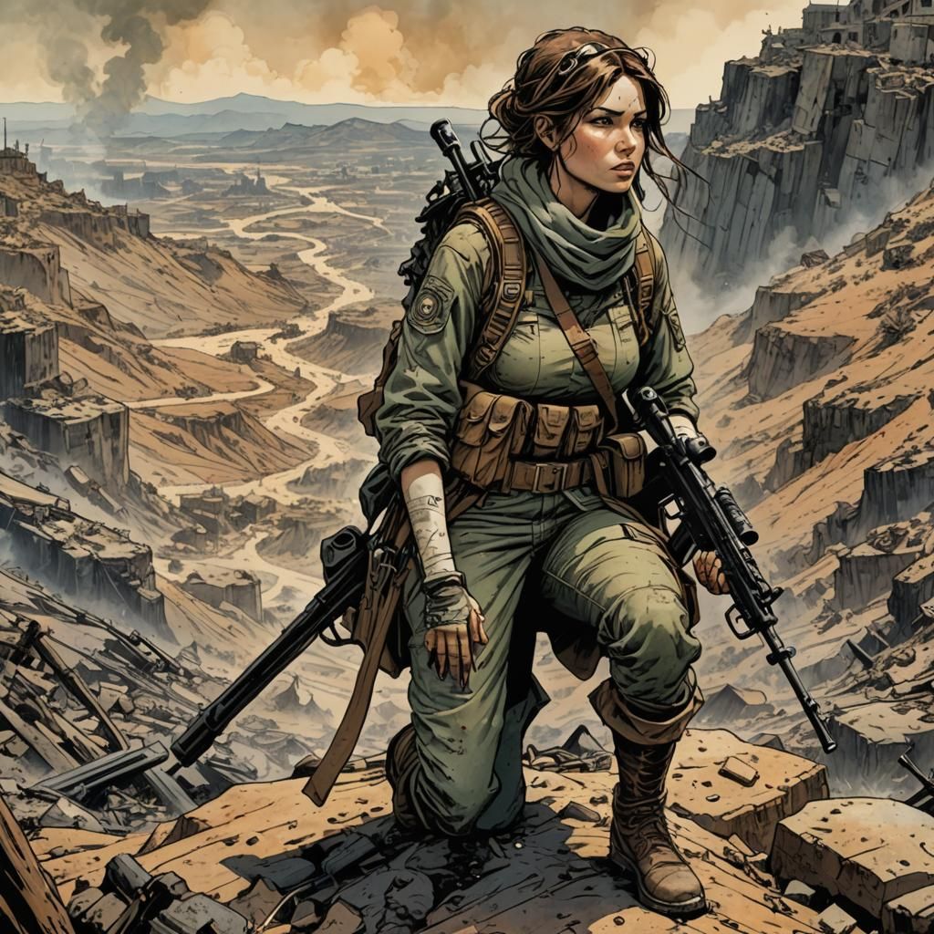 Female Sniper on Scorched Hill in Comix Style