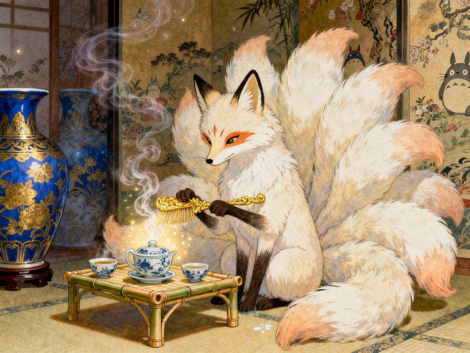Kawaii Kitsune Grooming Tails with Tea in Ghibli Style