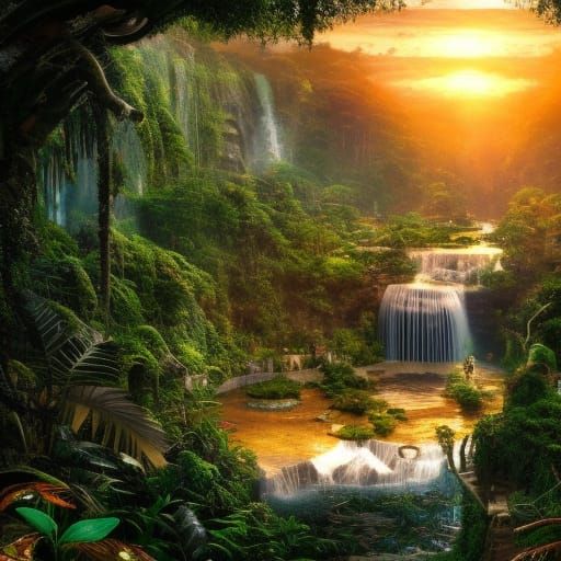 Sapphire Waterfall in Solarpunk Jungle at Sunset