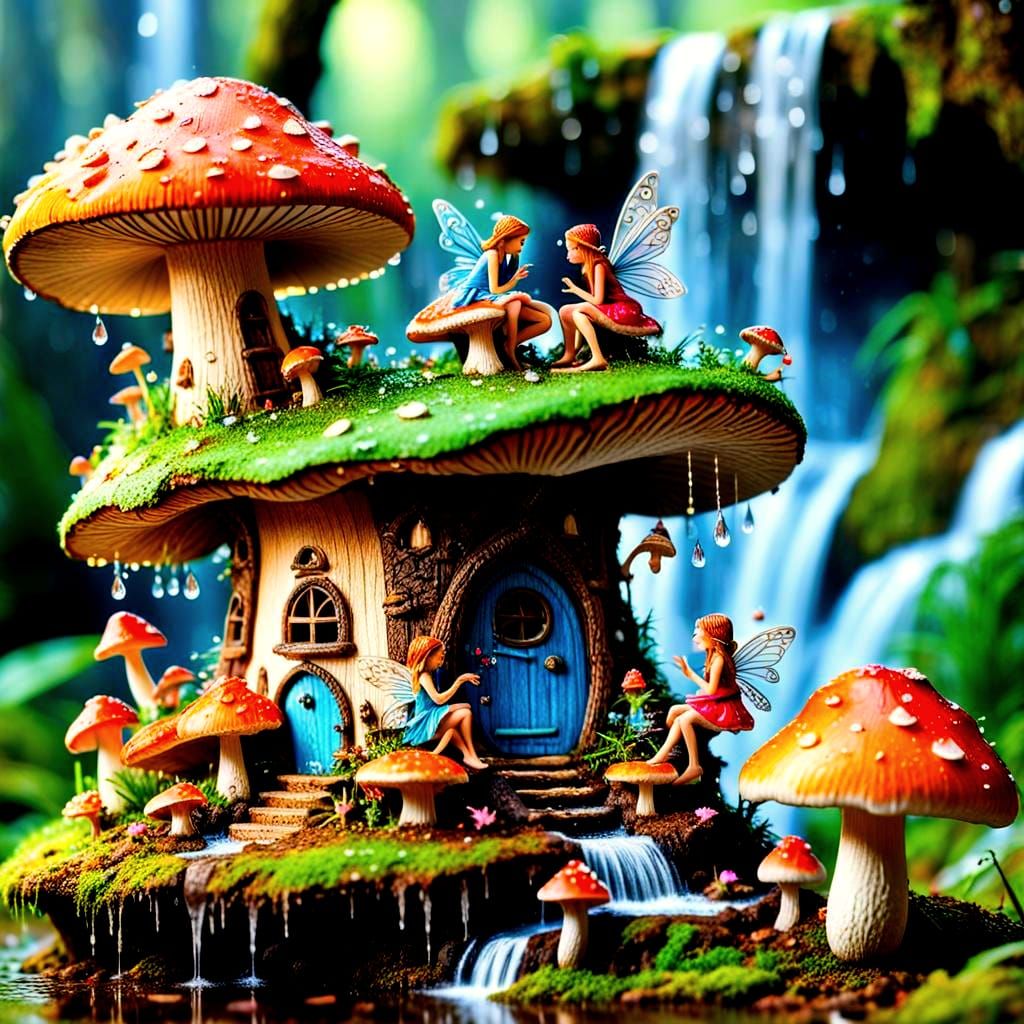 Fairies on Mushroom Near Fairy House: Macro Photography