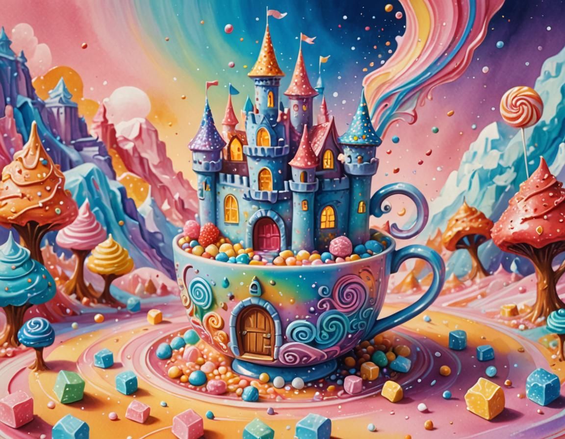 Teacup Candyland in Vibrant Gouache Style