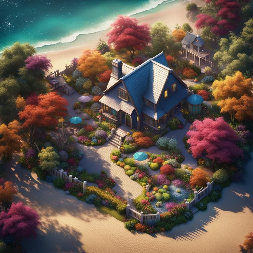 Beach Cottage Aerial View: Colorful Garden Art