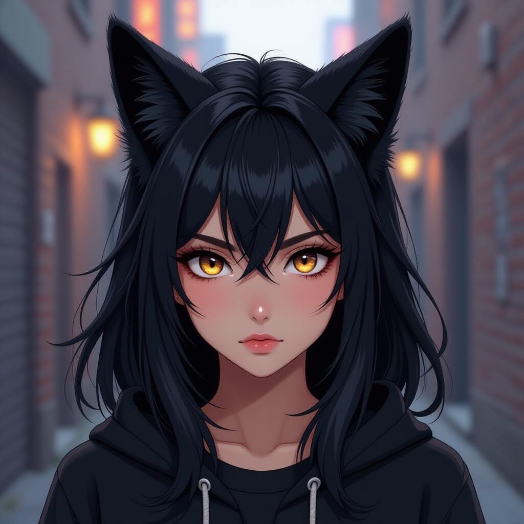 Anime Style Woman with Fox Ears in Dim Alleyway