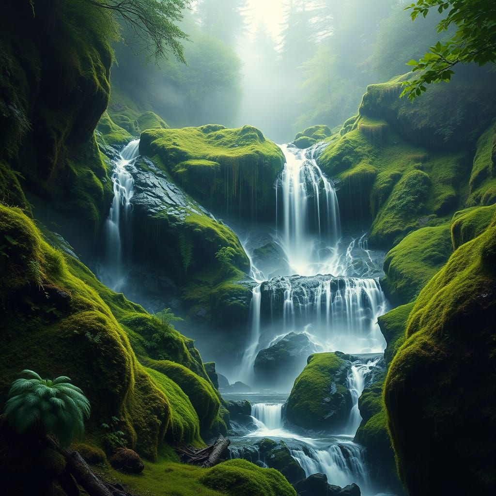 Lush Waterfall in the Style of Bierstadt
