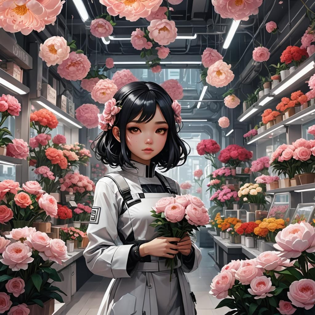 Futuristic Flower Shop Chibi Shopkeeper in Anime Style