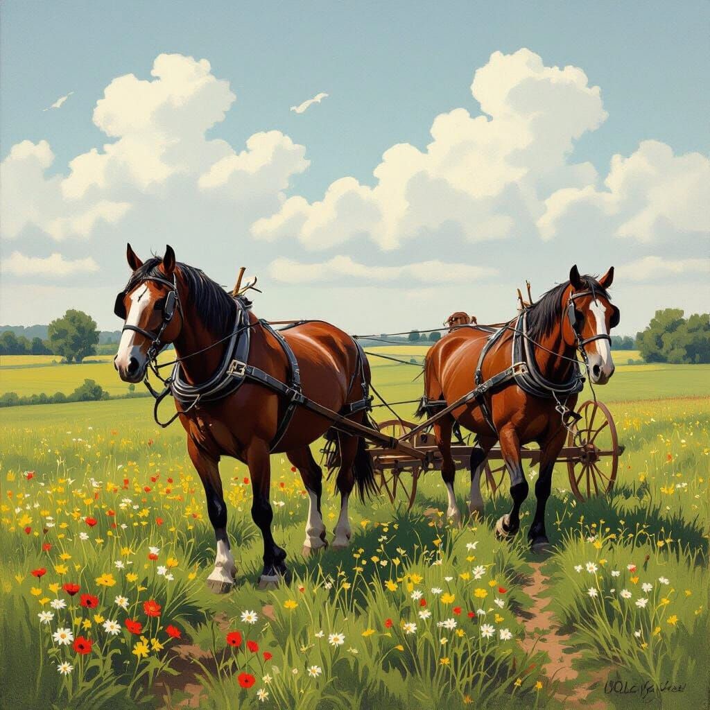 Draught Horses Plowing Field in Rural Realism