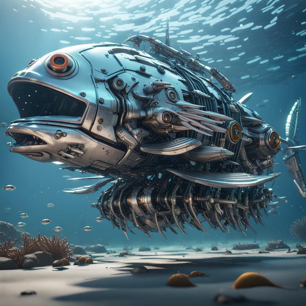 Futuristic Oceanpunk Flying Fish in Sci-Fi Style