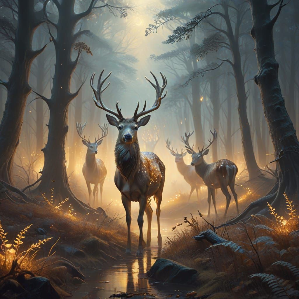 Ethereal Deer Guiding Travelers in Dreamlike Forest