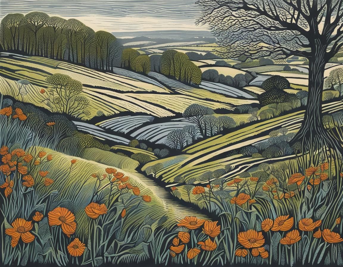 Early Spring in Hand-Colored Linoprint Style